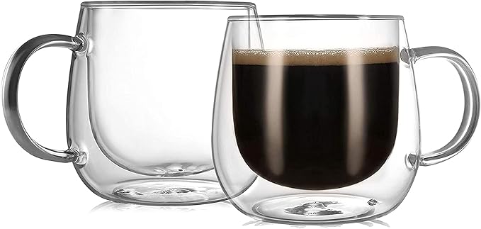 CNGLASS 10oz Double Walled Glass Coffee Mugs(2-pack),Clear Coffee Cups with Handle,Glass Espresso Mugs for Latte,Cappuccino,Tea