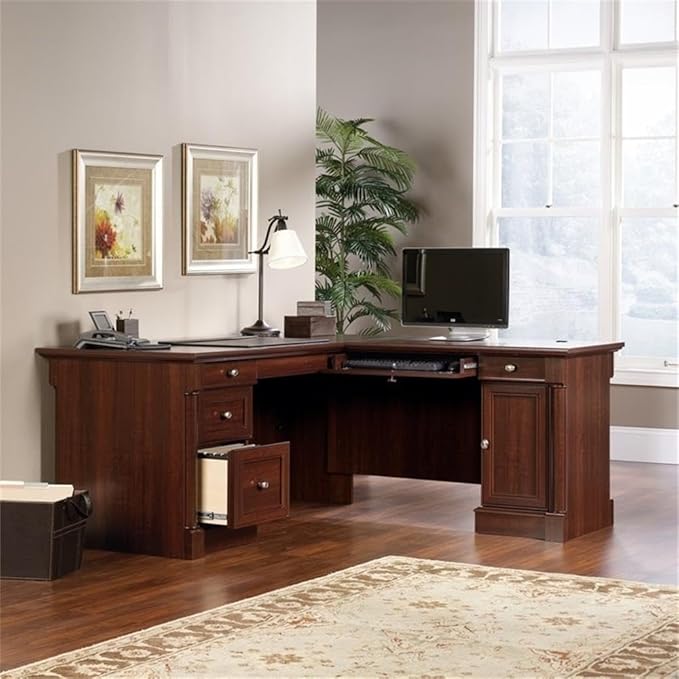 Pemberly Row 65" x 69" Contemporary Engineered Wood L-Shaped Desk with Storage, Drawers, Flip-Down Panel, Grommet Holes, for Home Office/Workspace, in Select Cherry Finish