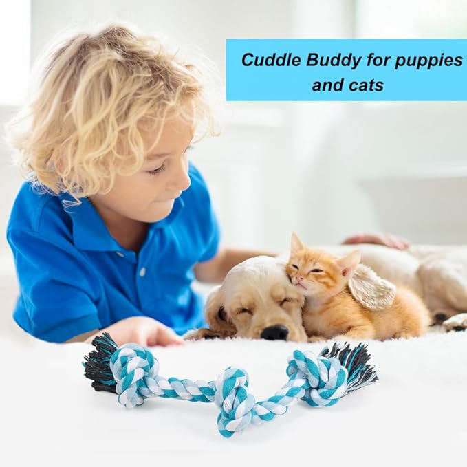 SZEE Dog Rope Toys, 14 in 3 Knots Chew Rope for Medium and Small Dogs, Natural Cotton Pull Toy for Tug of War and Teeth Cleaning (Blue)