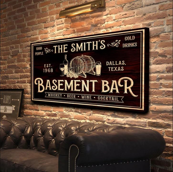 Tailored Canvases Custom Bar Sign - Personalized Basement Bar Decor, Lounge Canvas Wall Art for Man Cave, Kitchen, Pub & Diner, Rustic Home Bar Sign, Ready-to-Hang, Unique Printable Art