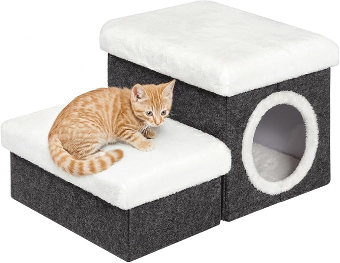 B FSOBEIIALEO Cat House Pet Stairs for Beds Sofa, Foldable Dog Steps 2-Tier With Storage Toy Box, Small Indoor Pet Steps Grey 15.7x12.6x12.6 Inches