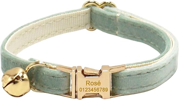 Personalized Cat Collar with Bells,Velvet Customized Small Cat Collar with Name Tag,Pet Collar with Name Phone Number Engraved ID Tags for Boy and Girl Kitten Cats (White Tea)