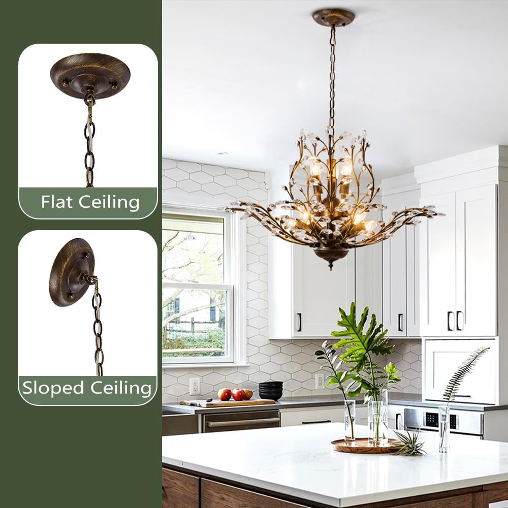 Vintage Farmhouse Chandelier 8-Light Crystal Branch Pendant Lights for Living Room Dining Room Porch Kitchen Island Bedroom Restaurant, Aged Bronze