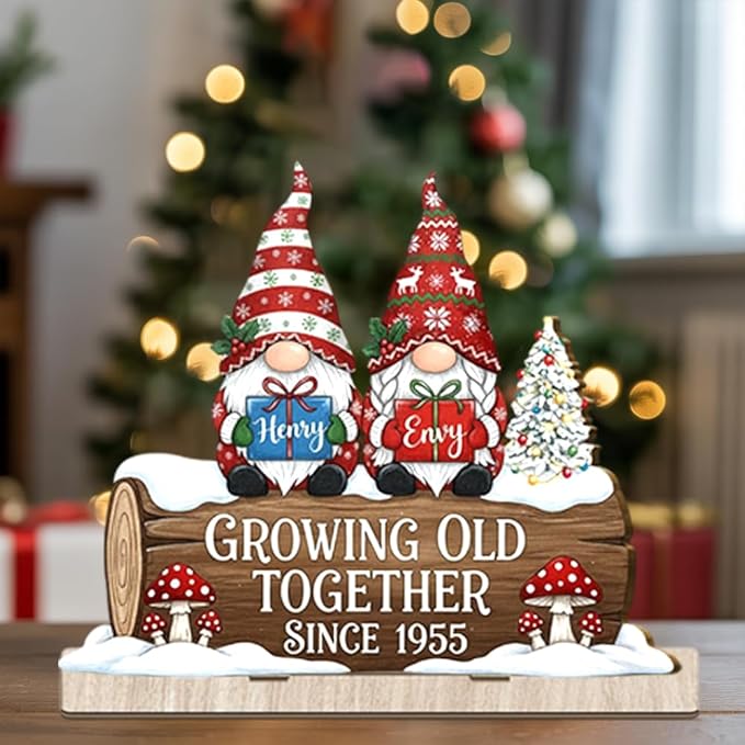 Growing Old Together Christmas Decor,Personalized Gnome Couple Wooden Plaque, Holiday Gift for Parents or Grandparents, Romantic Wooden Sign Keepsake for Couples, Winter Anniversary Decoration
