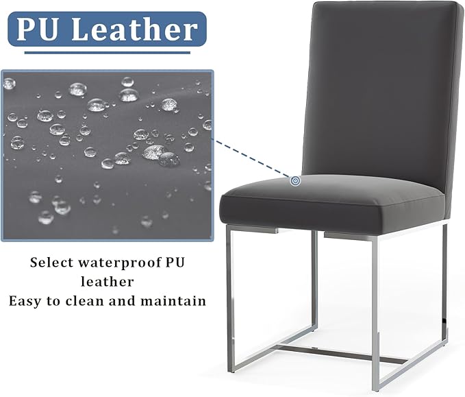 AUZ Dining Chairs, Mid-Century Modern Upholstered Chairs, Gray Faux Leather Dining Room Chairs Set of 2 with Silver Sled Legs