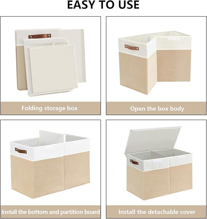 Large Toy Storage Box with Lids, Collapsible Sturdy Baby Storage Organizer Chest Bin Basket for Kids, Boys, Girls, Playroom, Nursery, Bedroom, Closet 25"x13"x16" (Beige and White)