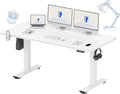 FLEXISPOT 63 x 32 Inch Large Standing Desk, Stand Up Desk with Splice Board, Rising Desks for Home Office, Office Desk with Cup Holder and Headphone Hook (White Frame + White Top, 2 Packages)