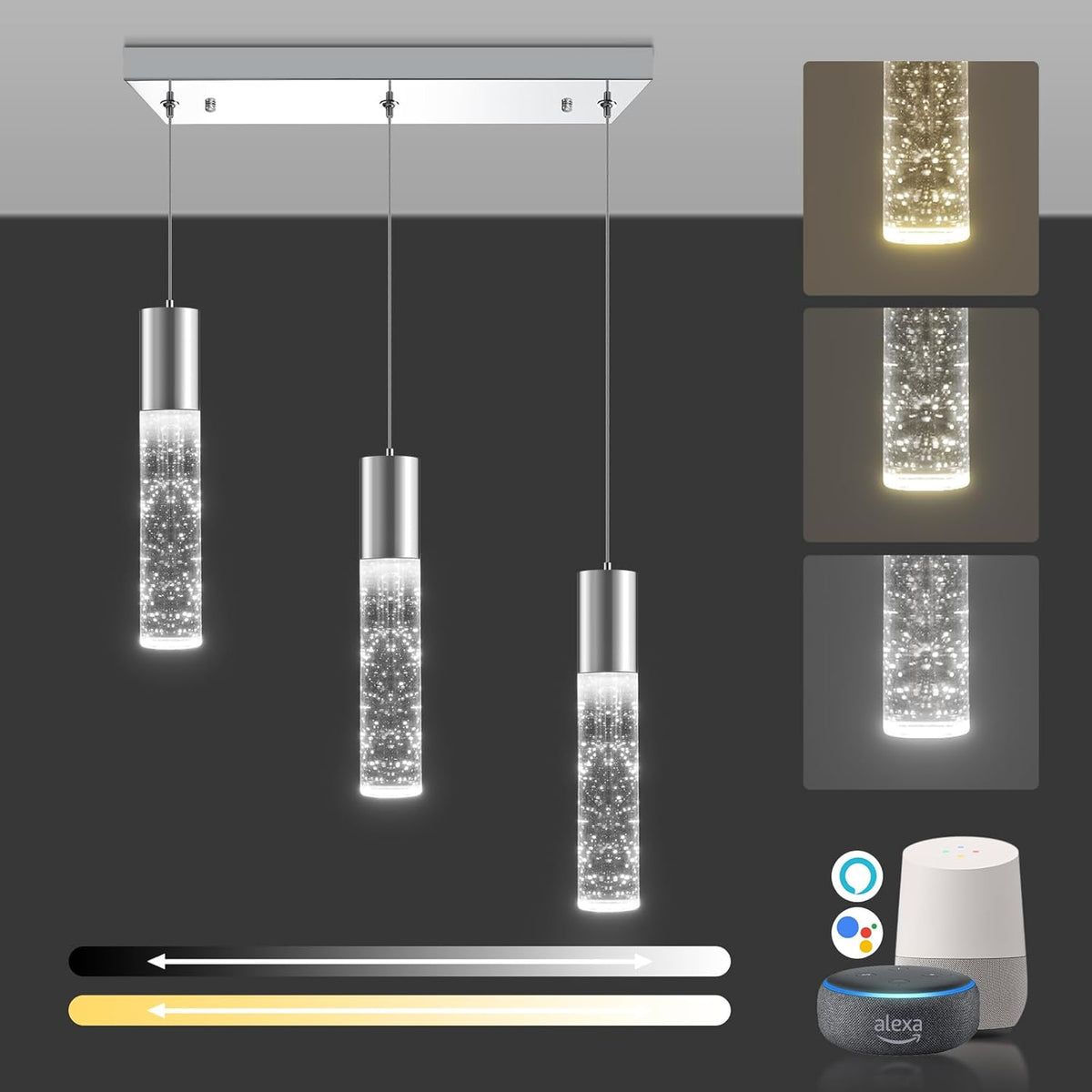 OKELI Smart 3-Light LED Pendant Lighting for Kitchen Island, 18W 1350LM Adjustable 3000K-6000K, Dimmable via TUYA App & Voice Control (Alexa/Google Home), Modern Crystal Bubble Pendant,Chrome Square