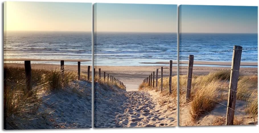 Wieco Art 3 Piece Beach Coastal Sand Dune Canvas Prints Modern Stretched Wall Art Seascape Pictures Paintings for Living Room Bedroom Home Decorations Landscape Artwork