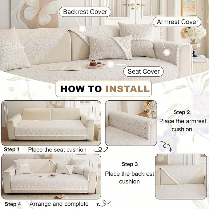 HANDONTIME Chenille Pet Couch Cover Floral Pattern – Soft Fringed Edges, Non-Slip Washable Sofa Slipcover, Jacquard Sofa Cushion Cover, Protects Furniture from Dogs, Cats & Kids (Khaki,35.4" x 82.7")