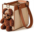 Teddy Bear Dog Carrier Bag, Teddy Carrier Bag for Dogs and Cats, Portable PU Leather Shoulder Tote with Plush Ears, Portable Convenient，White Brown Color Scheme