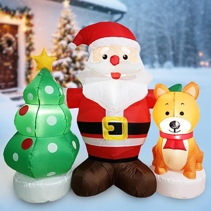 5FT Long Christmas Inflatable Santa Set with Dog & Tree Blow up Lighted Yard Decoration Suitable for Christmas Indoor Outdoor Xmas Yard Party Holiday Garden Decor