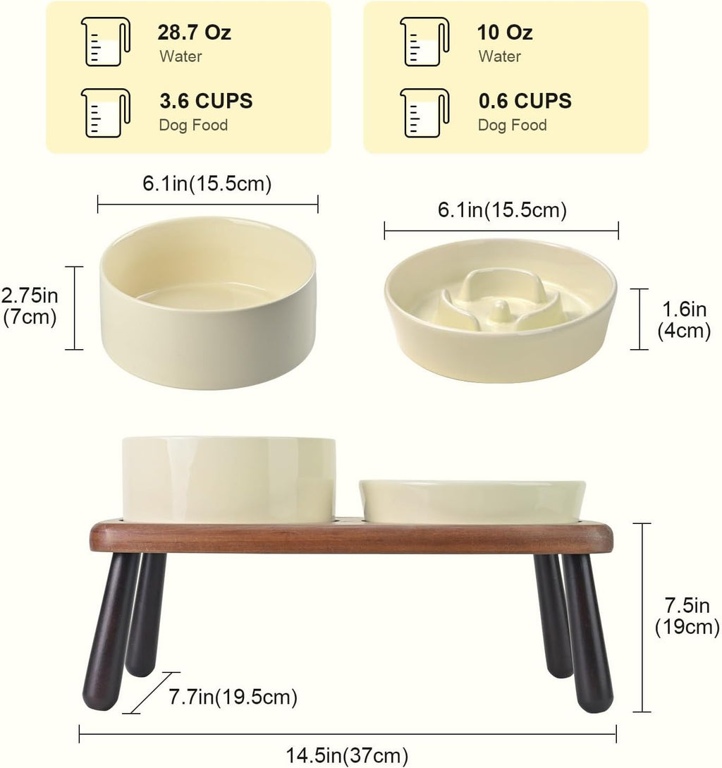 SPUNKYJUNKY Ceramic Elevated Dog Bowls with Slow Feeder Raised with Acacia Bamboo Wooden Stand, 6.1'' Dog and Cat Food Water Bowls Set Non-Slip for Small Medium Sized Breed - Beige