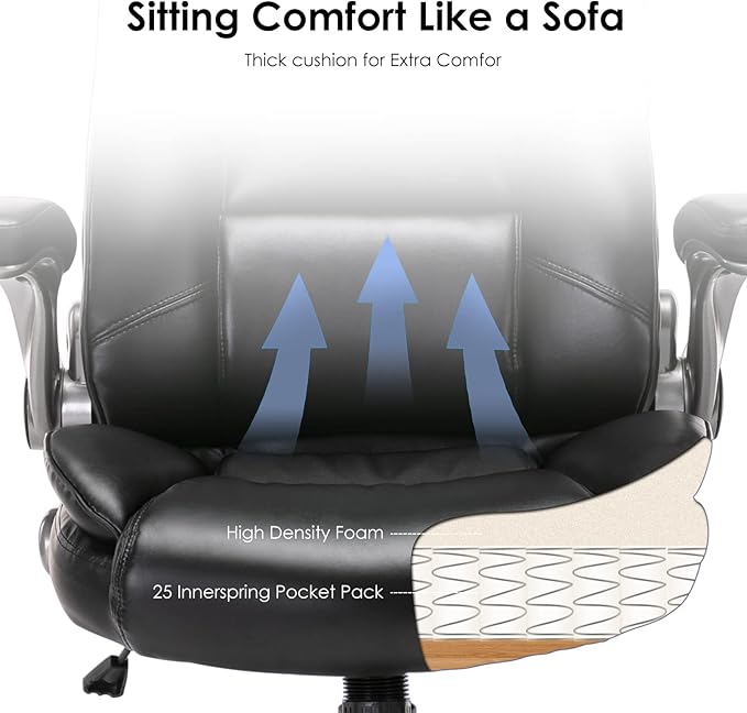 COLAMY Leather Executive Office Chair - High Back Home Computer Desk Chair with Padded Flip-up Arms, Adjustable Tilt Lock, Swivel Rolling Ergonomic Chair for Adult Working Study, Black