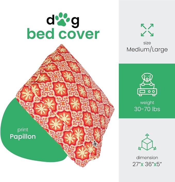 Molly Mutt Medium to Large Dog Bed Cover - Papillon Print - Measures 27”x36”x5’’ - 100% Cotton - Durable - Breathable - Sustainable - Machine Washable Dog Bed Cover