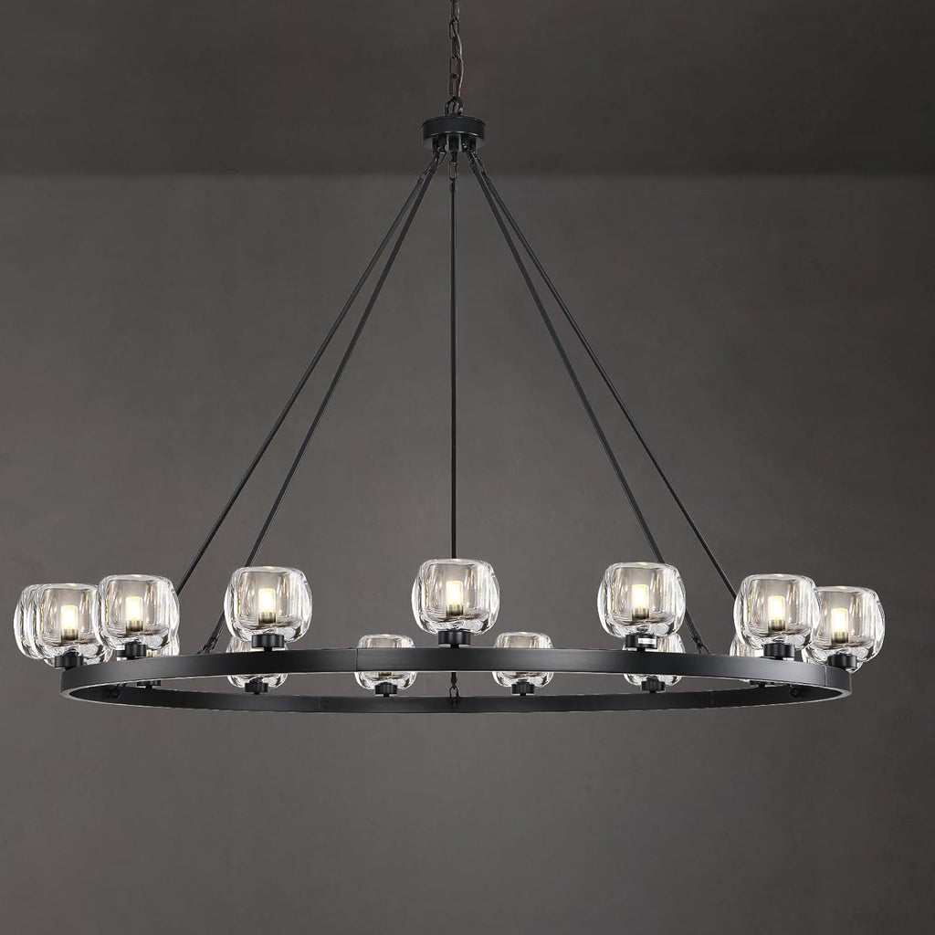 Black Wagon Wheel Chandelier, 59 Inch Black Chandeliers with Unique Glass Shade, 15-Light Crystal Large Wagon Wheel Chandeliers for Dining Room, High Ceiling Round Chandelier for Living Room, Foyer