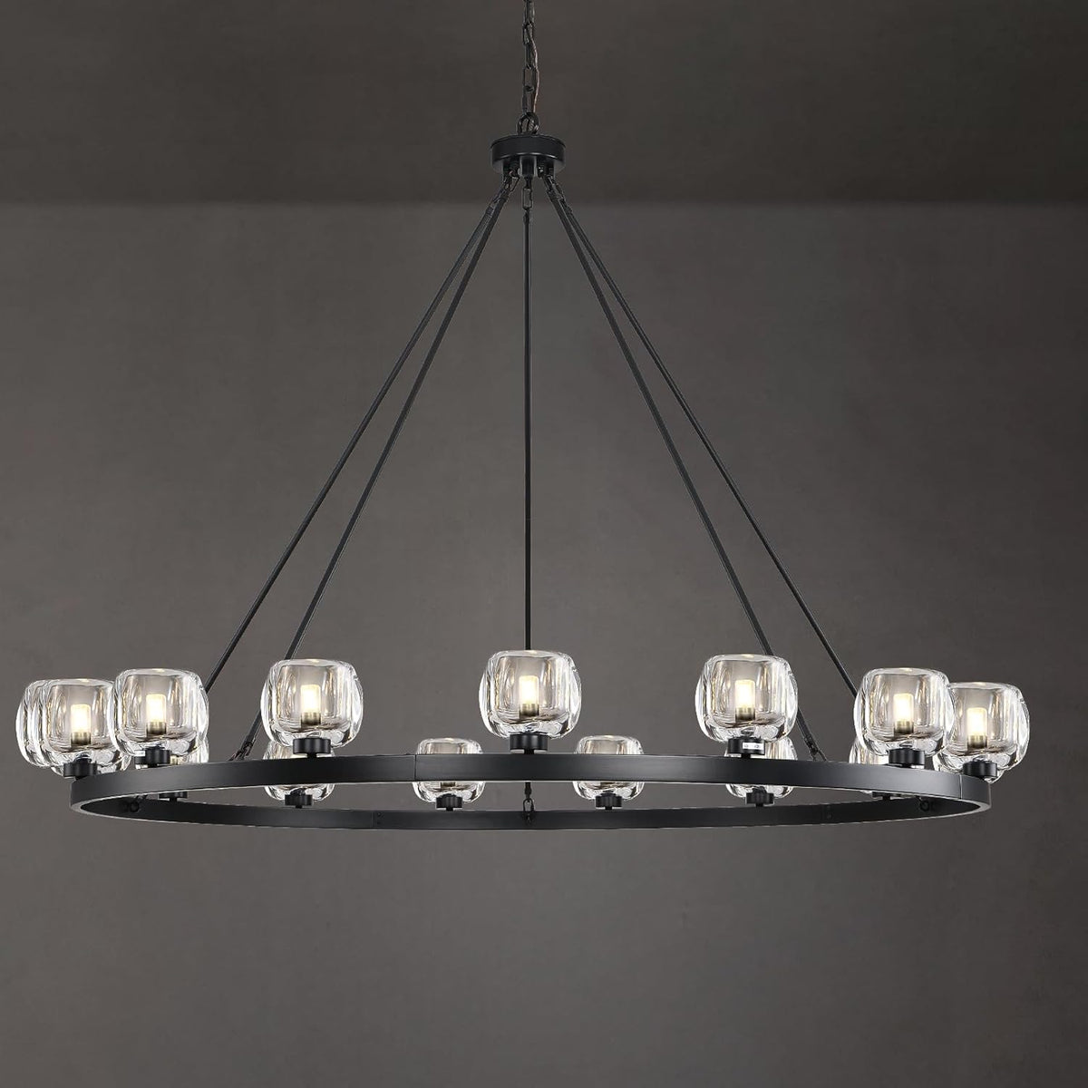 Black Wagon Wheel Chandelier, 59 Inch Black Chandeliers with Unique Glass Shade, 15-Light Crystal Large Wagon Wheel Chandeliers for Dining Room, High Ceiling Round Chandelier for Living Room, Foyer