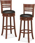 COSTWAY Bar Stools, 360-Degree Swivel Bar Chairs with PU Upholstered Seats, Solid Rubber Wood Backrests, Footrests & Legs, Bar Height Stools with Backs for Kitchen, Bar, Brown (2)