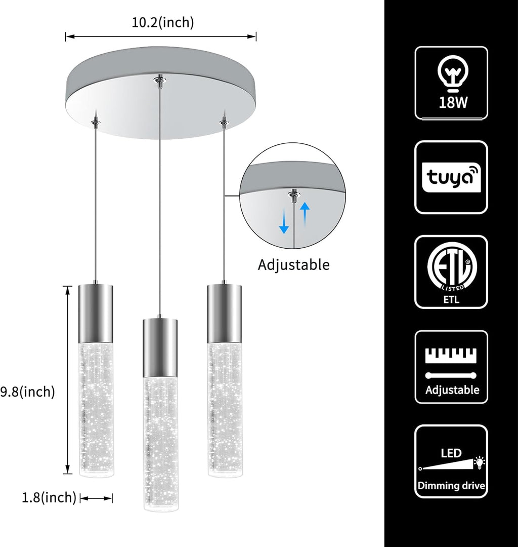 OKELI Smart Dimmable LED 3-Light Pendant Light for Kitchen Island, 18W 1350LM Modern Bubble Crystal Island Light Fixture with TUYA App & Voice Control, Adjustable 3000K-6000K, Electro-Chrome, Round