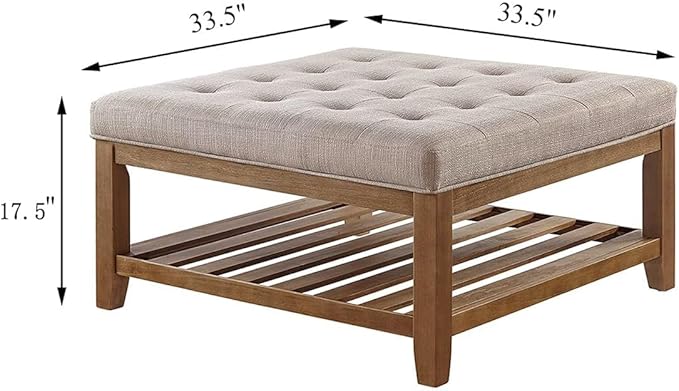 24KF Large Square Upholstered Tufted Linen Ottoman Coffee Table, Large Footrest Ottoman with Solid Wood Shelf-Linen