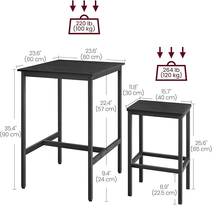 VASAGLE Bar Table and Chairs Set, Square Table with 2 Stools, Dining Pub Set for 2, Space Saving for Kitchen Breakfast, Living Room, Party Room, Ebony Black and Ink Black