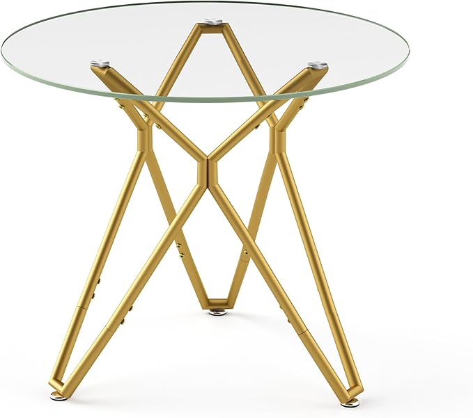 35.4" Round Dining Table for 4, Modern Clear Glass Kitchen Table for 4 with Gold Metal Legs, Compact Small Circle Dining Room Leisure Tables for Kitchen Apartment