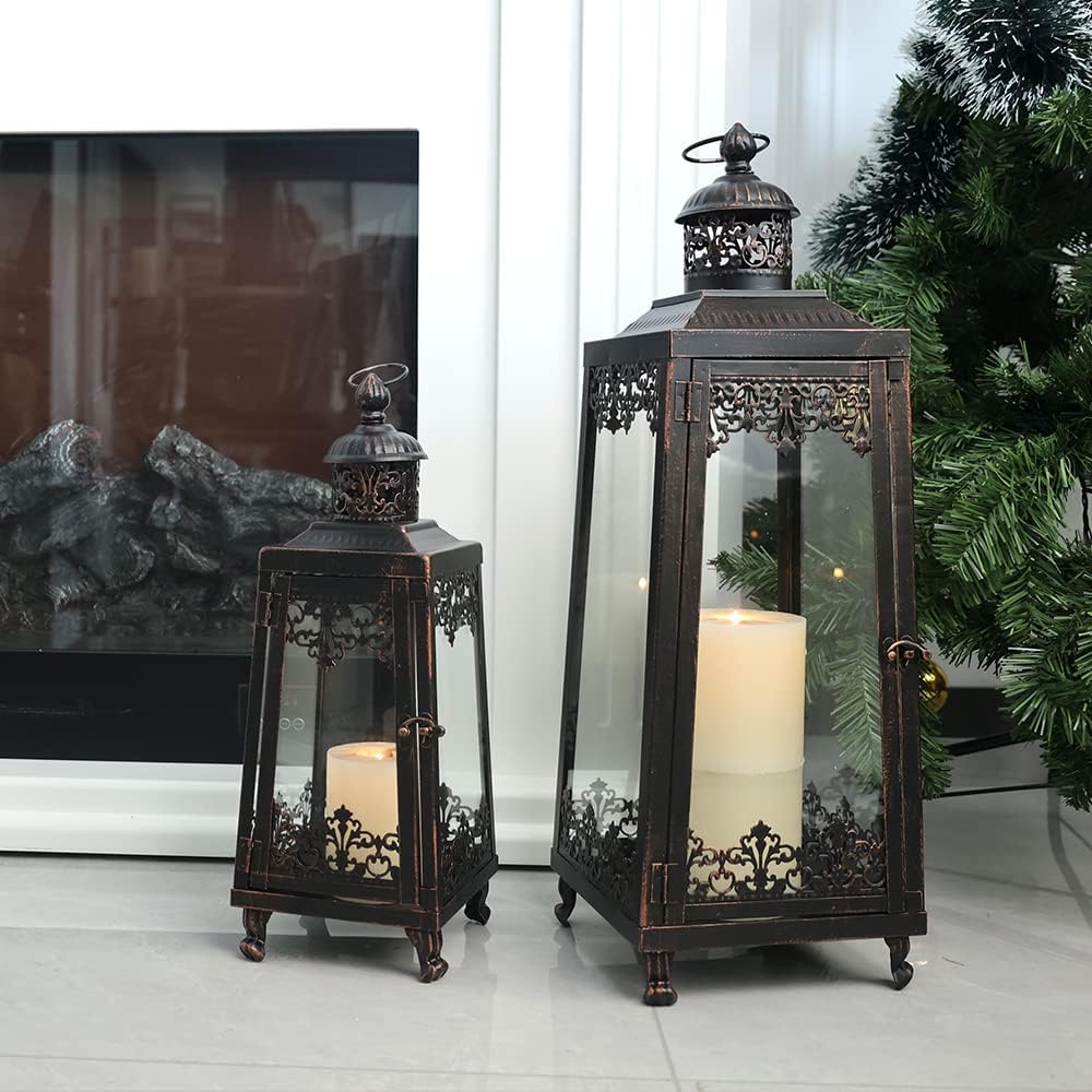 NEEDOMO Lanterns Decorative Outdoor & Indoor, Set of 2 Outdoor Lanterns for Porch,Large Candle Lantern, Bronze Metal Frame with Glass for Fall, Christmas