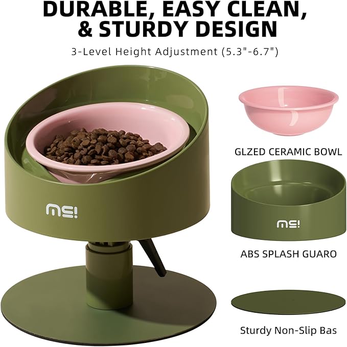MS!MAKE SURE Adjustable Raised Cat Bowls, Ceramic Elevated Cat Bowls, Pet Bowl with Anti - Slip Rubber Pad, Leak - Proof, Lead & Cadmium Free, Whisker - Friendly, for All Life Stages of Age Pink Green