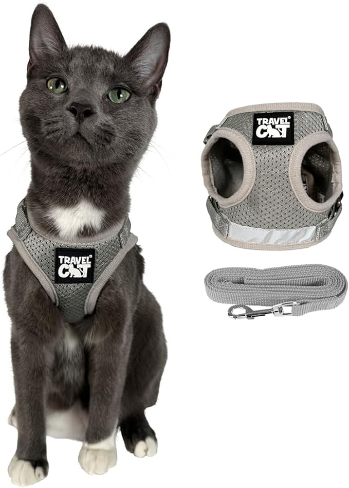 Travel Cat Harness and Leash Set - Adjustable Fit Mesh Cat Harness and Reflective Strap - Comfort Walking Vest for Kitten for Outdoor Walking, Hiking (Large, Grey)