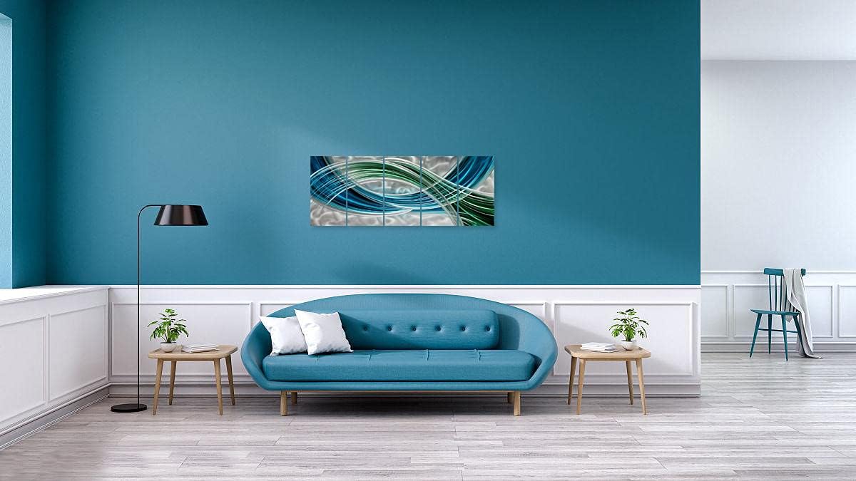 Yihui Arts Abstract Metal Wall Art - Hand Crafted 5 Pieces Panels Large Big Blue Teal Silver Unique 3D Aluminum Modern Contemporary Home Accent