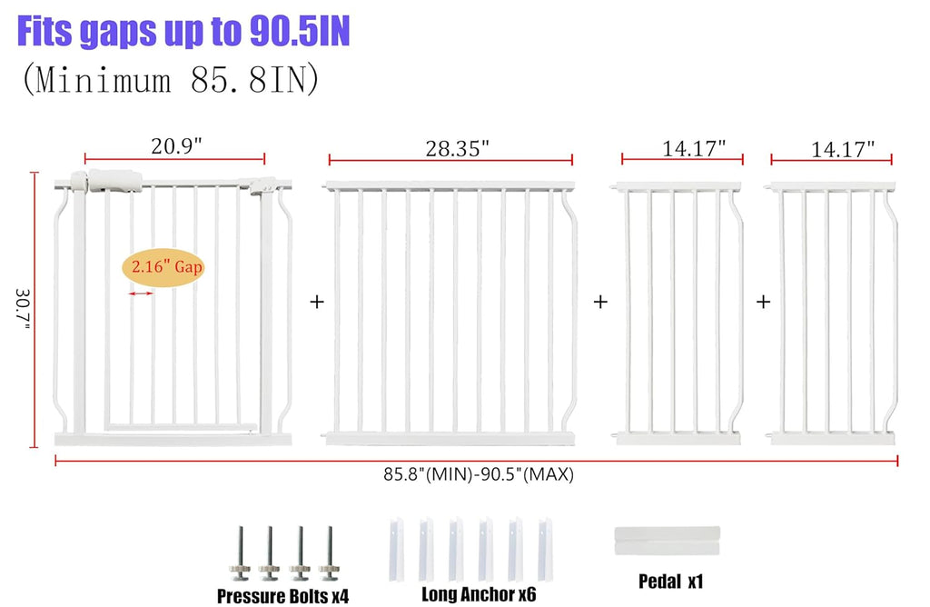 Extra Wide Baby Gate 85.8-90.5 Inch, Pressure Mounted No Drilling, for Stairs & Doorways, Metal White Indoor Safety Gate for Kids and Dogs