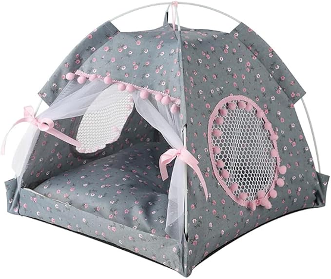 Cat Bed Tents Dog House Indoor Outdoor Lace Mesh Breathable Windows Door Curtains Removable Portable Nest Teepe House (Small,Gray&Pink)