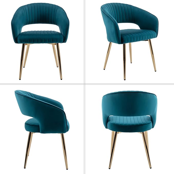 Modern Velvet Dining Chairs Set of 6, Upholstered Gold Dining Chairs with Hollow Back, Dining Room Chairs with Gold Legs, Accent Armrest Kitchen Chairs for Living Room Reception Teal Blue