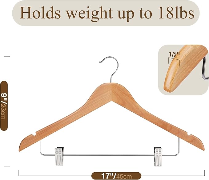 Wooden Hangers with Adjustable Heavy Duty Clips - 24 Pack Pants, Skirt, Jeans, Slacks, Shorts Hangers (Natural)