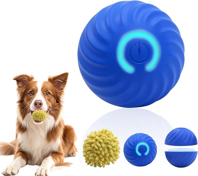 Interactive Dog Ball Toys - Smart Electric Dog Toys to Keep Them Busy with 2 Cover, Automatic Rolling and Jumping Pet Balls Ball for Dogs - Cats, Pet Interactive Toy Balls - Rechargeable, Blue