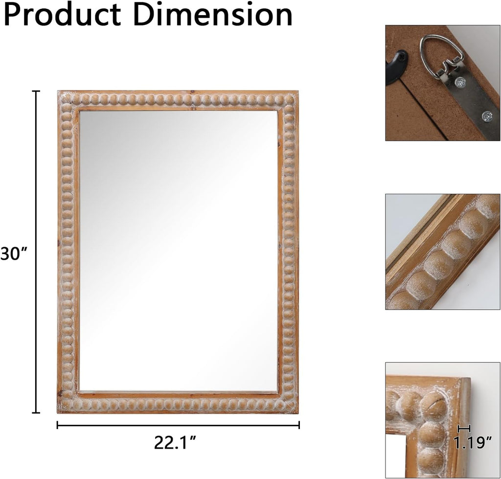 Farmhouse Bathroom Mirror 22x30 Inch - Rectangular Wall Mirrors with Wood Frame & Beaded Design - Distortion-Free Glass, Horizontal/Vertical Mount or Freestanding