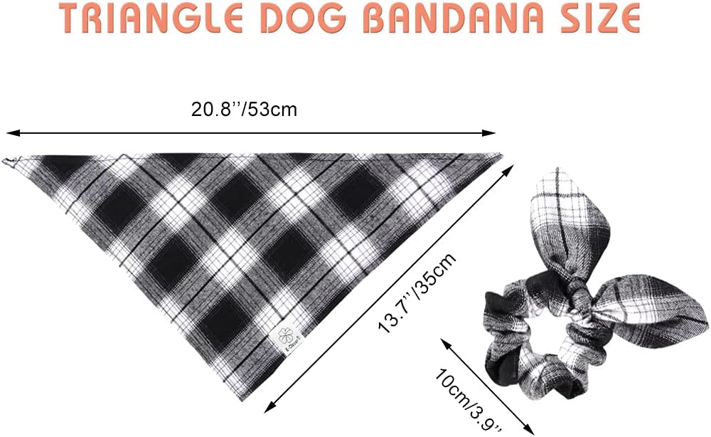 E-Clover Plaid Dog Scarf & Matching Scrunchie Set - Triangle Pet Bandana Bibs for Small Dog Puppy Owner Birthday Gifts - Black & White