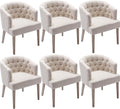 DUOMAY Modern Tufted Dining Chairs Set of 6, Linen Upholstered Side Chair, Comfy Accent Barrel Chair with Wood Legs for Home Kitchen Dining Room Living Room Restaurant, White