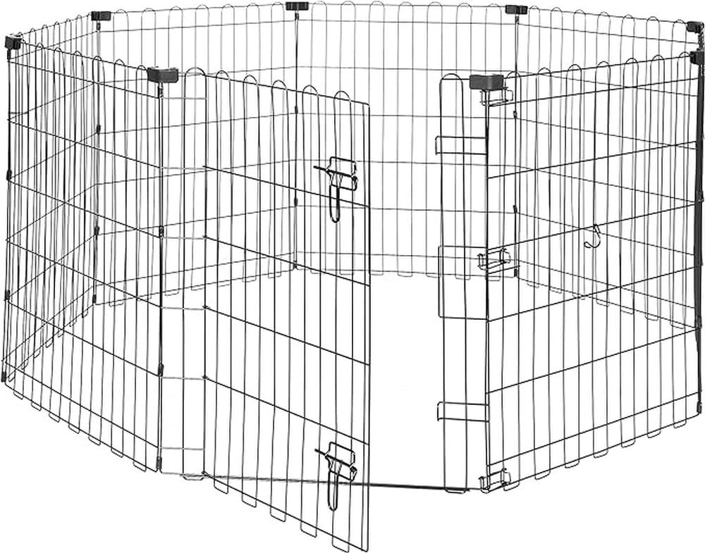 Amazon Basics Foldable Octagonal Metal Exercise Dog Playpen - Indoor/Outdoor, Single Door, Small (8 Panels, 24 x 30), Easy to assemble and store, 30" - Small, , Black