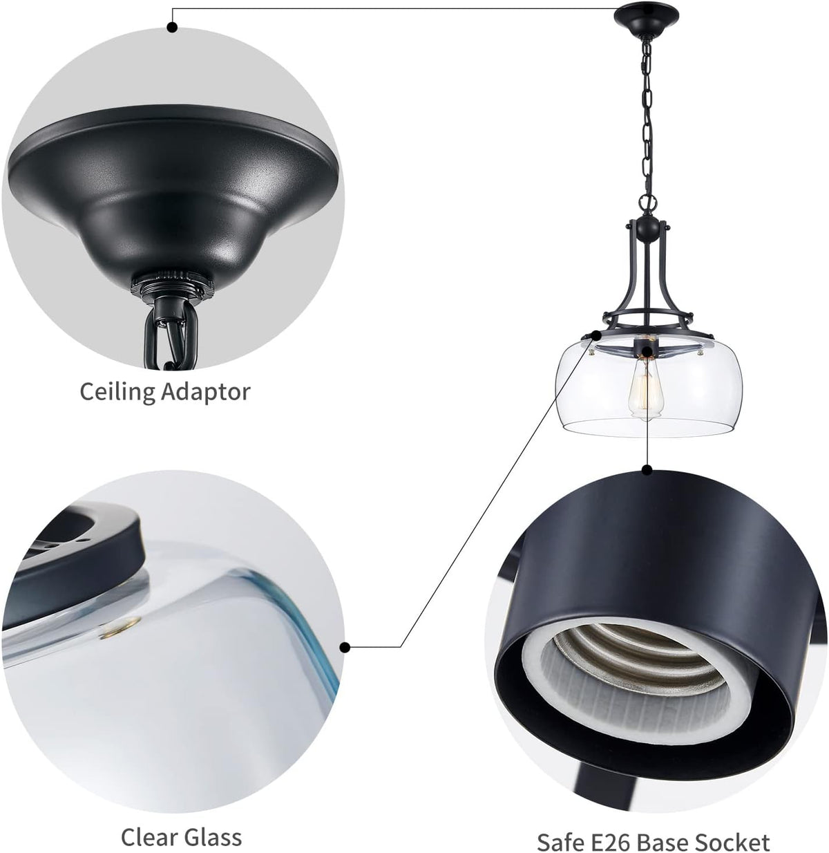WUZUPS Chandelier Rustic Farmhouse Industrial Round Ceiling Pendant LED Light Fixture with Clear Glass Shades for Dining Room Kitchen Island Foyer Entryway, H 17" x W 13.4", E26 Base, Black