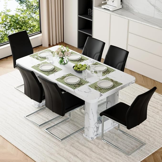 64.5" White Dining Table Set for 6, Modern Kitchen Table and Chairs Set with PU Leather Cushioned Chairs & Decorative Pedestal Base, 7 Piece Marble Pattern Dining Table Set for Dining Room or Kitchen