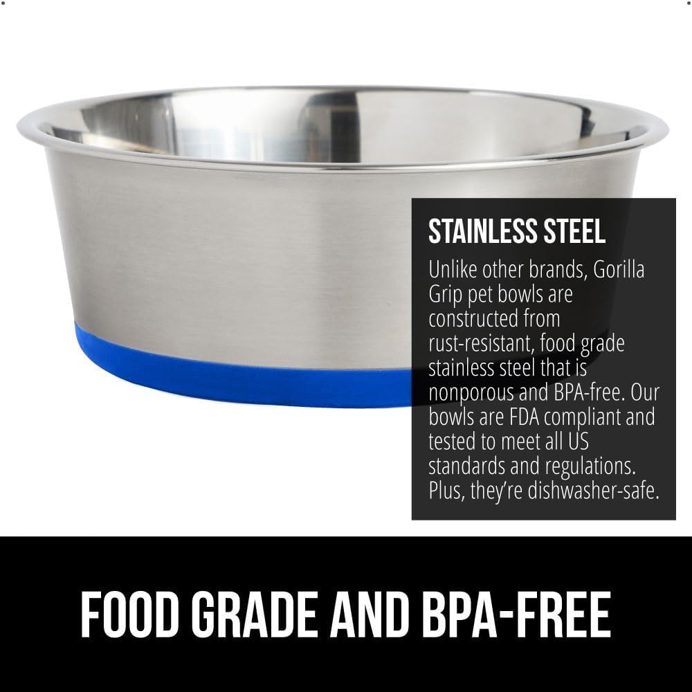 GORILLA GRIP Set of 2 Dog Bowls, Holds 6 Cups (48 fl oz), Heavy Duty Metal Food and Water Bowl for Feeding Dogs and Cats, Dishwasher Safe, Rust Resistant Stainless Steel, BPA Free Rubber Base, Blue