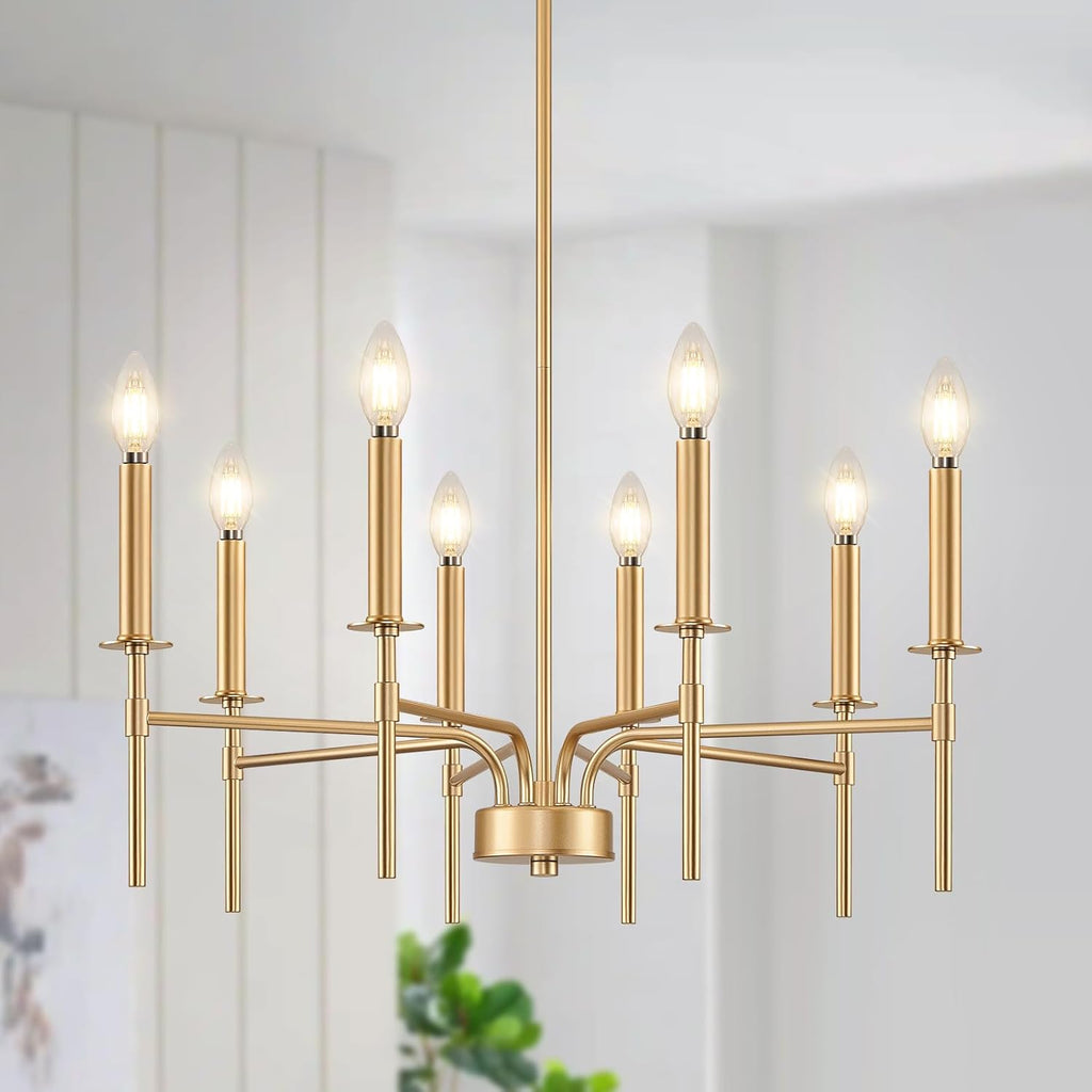 8 Light Gold Chandelier Light Fixture, Modern Farmhouse Chandeliers for Dining Room Light Fixture, Metal Candle Pendant Chandelier for Foyer Entryway Stairs Living Room Bedroom Kitchen