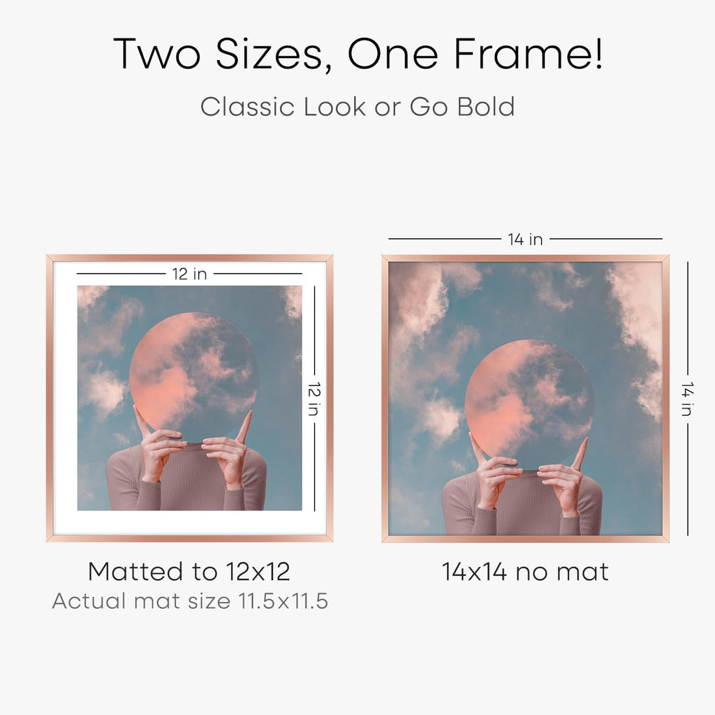 Homeforia 14x14 Picture Frame Rose Gold, High End Metal 14 x 14 Square Poster Frame with Mat 12 x 12 Photo, 14x14 Frame Matted to 12x12 Print, 14by14 Hanging Frames, Tempered Glass, Wall Kit, Set of 1