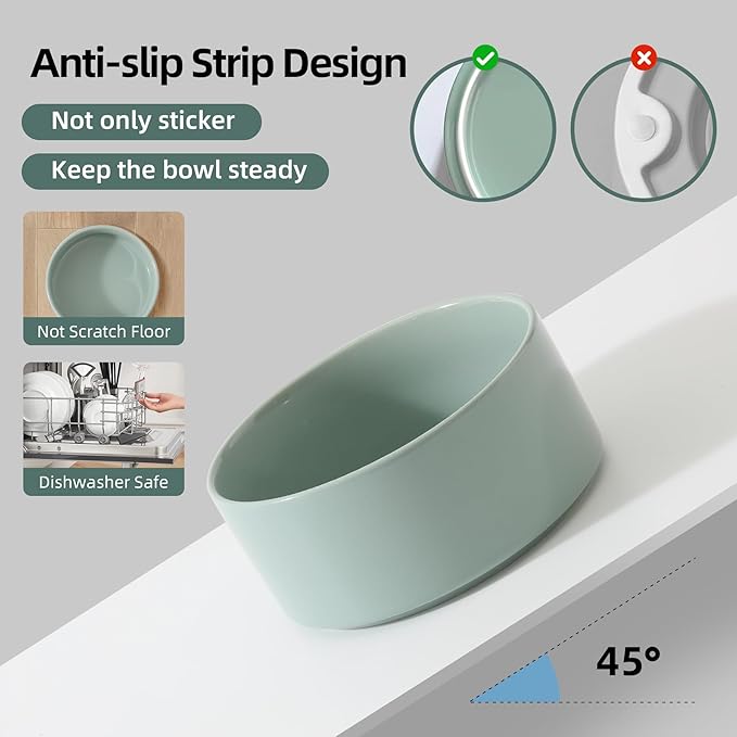 Ceramic Elevated Dog Bowls, Food and Water Bowls for Dogs, Puppy, Raised Dog Dish, Pet Feeder(6inch, 2 x Light Green + Stand)
