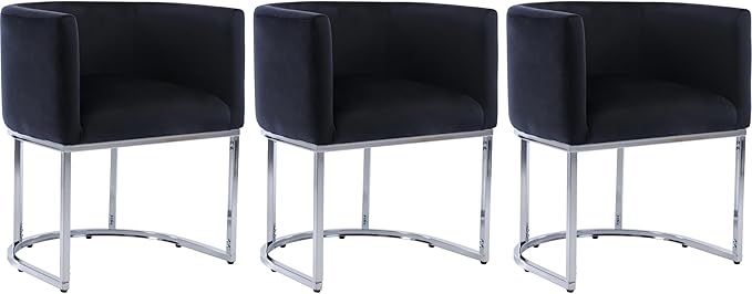 Velvet Dining Chairs Set of 3 Modern Barrel Arm Chairs with Chrome Metal Frame, Upholstered Kitchen Chairs 18.5" Wide Accent Chairs for Living Room Dining Room Restaurant, Black