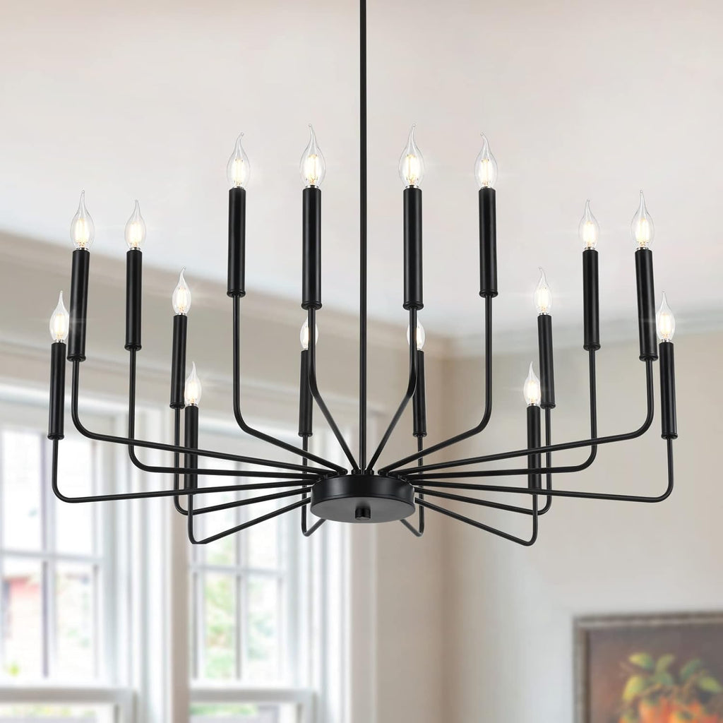 Modern Black Farmhouse Chandeliers, 16-Light Industrial Metal Chandelier Lighting, Classic Candle Hanging Pendant Light Fixtures for Kitchen Island, Living Room, Dining Room, Stair
