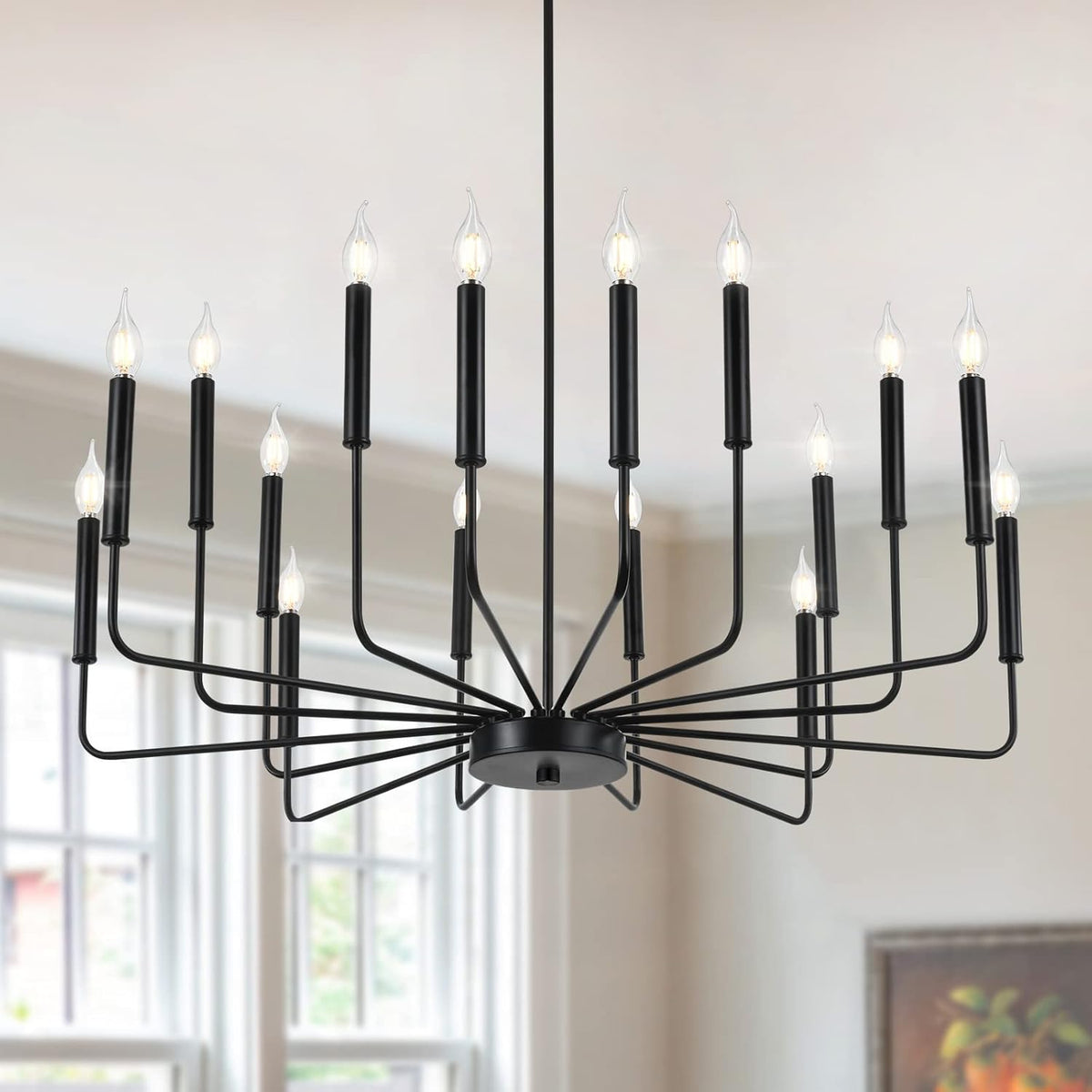 Modern Black Farmhouse Chandeliers, 16-Light Industrial Metal Chandelier Lighting, Classic Candle Hanging Pendant Light Fixtures for Kitchen Island, Living Room, Dining Room, Stair