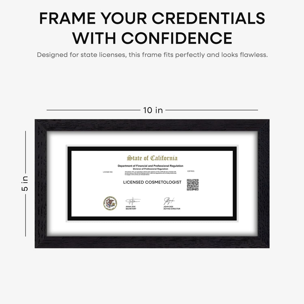 Homeforia 5x10 Business License Frame Black, High End Oak 5 x 10 Black Wood Document Certificate Frame with Mat 4x9, 10x5 Wooden Picture Frames for Wall or Tabletop, Tempered Glass, Wall Kit, Set of 1