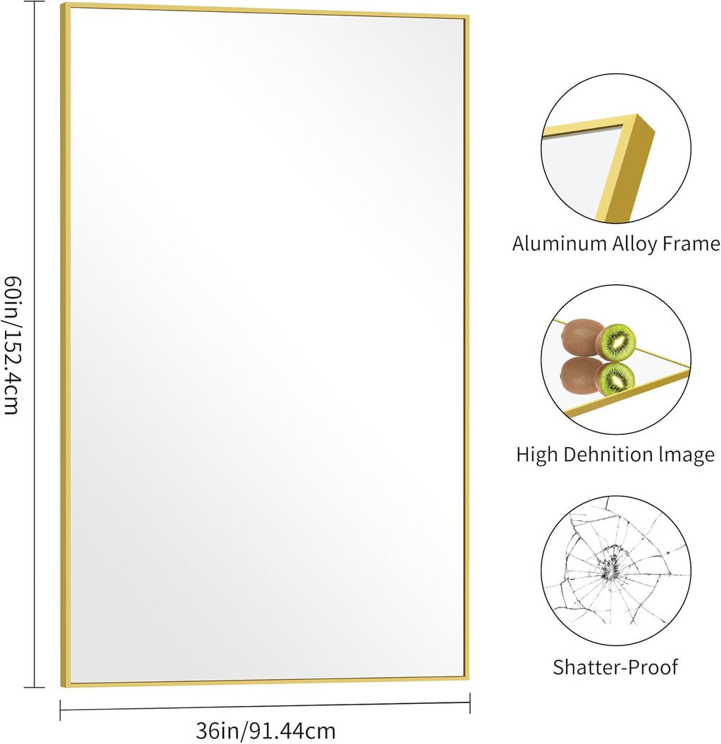 Gold Bathroom Mirror for Wall, 60x36 Inch Rectangle Mirrors with Metal Frame, Modern Vanity Wall Mirror Decor for Bathroom Living Room, Entryway Hangs Horizontal or Vertical